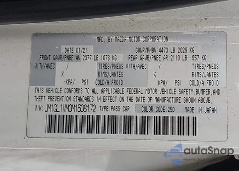 2021 Mazda Mazda6 Touring from USA, damaged, VIN JM1GL1VM0M1608172